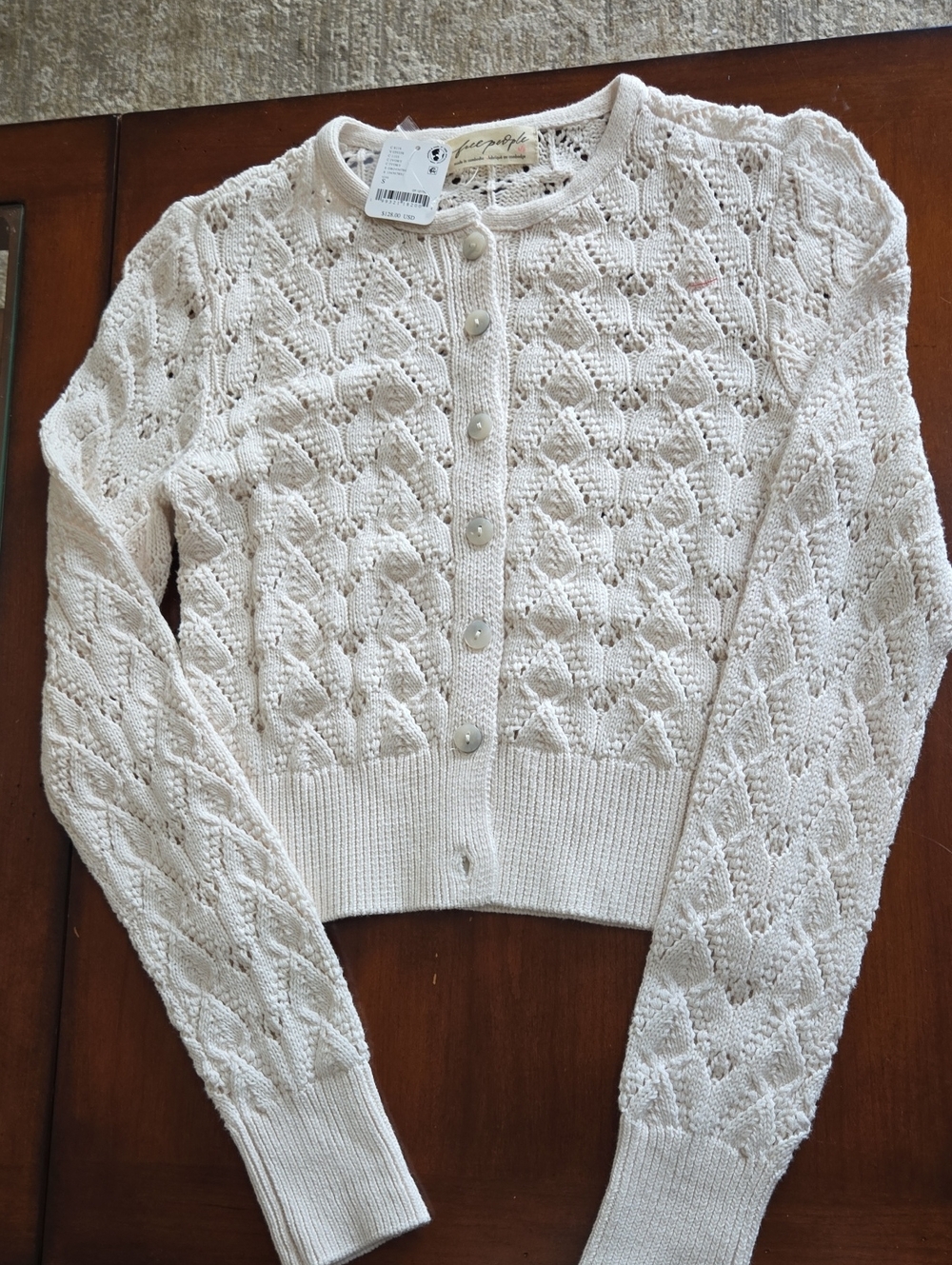 Free People Ivory Pointelle Knit Button-Front Cardigan. NEW WITH TAGS!!